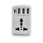 MX Worldwide Universal Socket Travel Adapter with Type-C PD (5V/3A) & Triple USB Ports (5V 3.4A Fast Charging Ports)-5 in One, 100V-250V AC Plug – Type D Plug (White, MX-4211)- Pack of 1