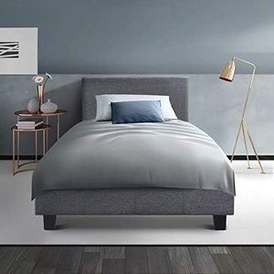 Artiss Single Bed Frame Platform Wooden Headboard Beds Base Frames Bedroom Room Decor Home Furniture, Upholstered with Grey Faux Linen Fabric + Foam + Wood, Modern Design