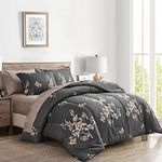 7 Pieces Bed in a Bag King Comforter Set with Sheets, Dark Grey Floral Design Soft Microfiber Bedding Sets for All Season (1 Comforter, 2 Pillow Shams, 1 Flat Sheet, 1 Fitted Sheet, 2 Pillowcases)