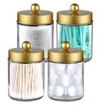 4 Pack Apothecary Jars Bathroom Vanity Storage Organizer Set -Countertop Canister with Stainless Steel Lids &Cute Stickers - Qtip Dispenser Holder for Qtips,Cotton Swabs,Makeup Sponges(Gold)