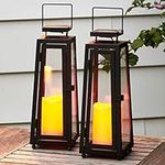 LampLust Outdoor Solar Lanterns with Flameless Candles - 11 Inch Tall, 2 Pack, Black Metal & Glass, Dusk to Dawn, Decorative Waterproof Patio Decor - Battery Included