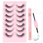 Poiuyoiu Clear Band Fluffy Lashes Kit with False Eyelashes Glue Bond and Remover Wispy Cat Eye Lashes 7 Pairs Fake Eyelashes Natural Look 3D Strip Lash Extensions Reusable Faux Mink Lashes