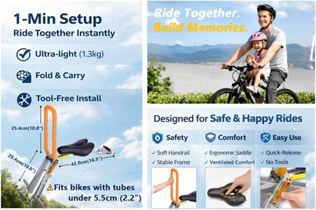 UrRider Front Mounted Child Bike Seat – Tool-Free, Foldable, Ultra-Light for Toddlers 2–6 Years