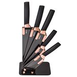 elabo 5 Pieces Black Kitchen Knife Set Stainless Steel Non Stick Coating Knives with Base, Rose Gold Handle,