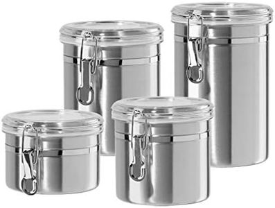 Oggi 4-Piece Stainless Steel Canister Set with Acrylic Lid and Clamp-Set Includes 1 each: 26oz, 36oz, 47oz, 62oz.