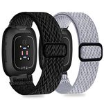 2 Pack Stretchy Bands Compatible with Fitbit Versa 4/Fitbit Versa 3/Fitbit Sense 2/Fitbit Sense Women Men, Soft Elastic Nylon Loop Strap Adjustable Replacement bands for Versa 4/Versa 3/Sense 2/Sense