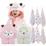 Baby Towel, Hooded Baby Towel, 8-Piece Bath Towel for Baby Boys Girls, Muslin Washcloths, Reusable Infant Wipes Set (White+ Pink)