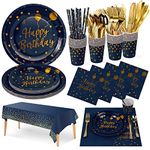 Nkaiso Birthday Party Tableware 161Pcs Navy Blue Gold Happy Birthday Theme Kids Birthday Decoration Party Accessories Set Includes Paper Plates Napkins Cups Knive Fork Spoon-20 Guests