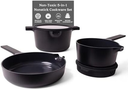 Alva Neat 5 in 1 Black Ceramic Nonstick Cookware Set All in One Space Saving Non Toxic Cookware PFAS, PFOA & PFTE Free, Frying Pan, Sauce Pan, Dutch Oven & Coaster, Pots and Pans Set for Cooking