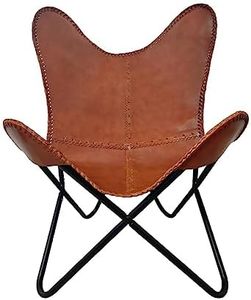 GifteQ Chaise en cuir de vachette imprimé papillon pour salon, chaise pliante vintage relaxante pour petits espaces, maison, bureau, chambre à coucher (marron clair)