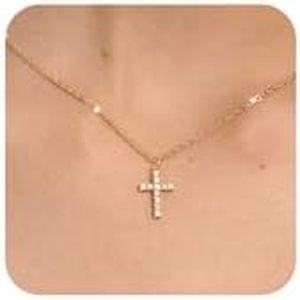 Tewiky Cross Necklace for Women, Dainty Simple 14k Gold Plated Cross Pendant Cute Necklaces for Women Gold Jewelry