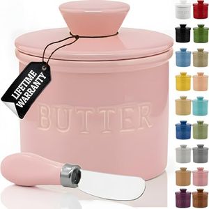 PriorityChef French Butter Crock with Lid, Get on Demand Spreadable Butter, Ceramic Butter Keeper to Leave on Counter with Water Line, Pink