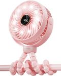 SHEWIND Stroller Fan, LED Display Portable Fan, Battery Operated Small Clip on Fan, 4 Speed Rechargeable Mini Personal Fan Cooling Travel Fan For Car Seat Crib Treadmill (Pink), S15 Pro