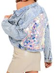 Justalwart Women's Oversized Vintage Denim Jacket Long Sleeve Boyfriend Coat, Sequin Jean Jacket Blue, X-Large