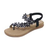 ZOEREA Womens Flat Sandals Summer Rhinestones Flower Flip Flops Ladies Thongs Elastic T-Strap Bohemian Shoes Fit Vacation B-Black,6 UK