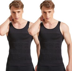 Elixity Men's Compression Tank Top, Slimming Body Shaper Vest, Abs Abdomen Slim Stretchable Tummy Control Undershirts for Men for Gym, Workout (Size S) (Black) (Set of 2)