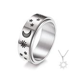 Black Moon Star Rotatable Titanium Stainless Steel Fidget Band Rings for Women Men Boys Teen Girls Dainty Anti Anxiety Stress Relief Spinner Rings Minimalist Statement Promise Couple Rings for Boyfriend Girlfriend Son Daughter Christmas New Year Gifts (8mm Silver, 12)