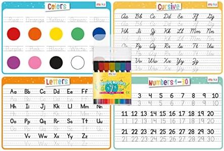 merka 4 Pack Educational Placemats for Kids with 7 Dry Erase Markers, Toddler Placemats for Dining Table, Tracing Activity Learn to Write Alphabet, Cursive, Numbers and Colors