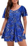 ECUPPER Women's Short Sleeve Swimsuits Modest Tummy Control Swimdress One Piece Bathing Suits Floral Swimming Costumes buit-in Boyshorts Deep Blue