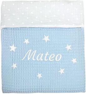 CARREDANA Manta Personalizada de bebé-Arrullo para Verano.Regalo Recien Nacido.Mantas Infantiles. Multiusos (Plumeti+waffleazul)