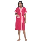 Poorak Dark Collection Pink Strip Dark Pink Color Half Sleeves Soft Terry Cotton Bathrobe for Women - Free Size Upto 42 Inches