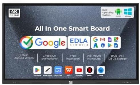 Smart Pixel 55 Inch All in One Interactive Smart Board 3840X2160 Pixel 4K UHD Display and Dual Operating System Latest Android and Windows Version WritePro for Office, School