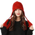 IBLUELOVER Women Peruvian Beanie Hat Knitted Crochet Laplander Cap with Tassels Earflap Trapper Bomber Hat Winter Warm Slouchy Skull Beanie Cap Bobble Hat Wine red