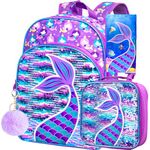 3PCS Mermaid Backpack for Girls, 16" Sequin Prechool Elementary Bookbag and Lunch Box