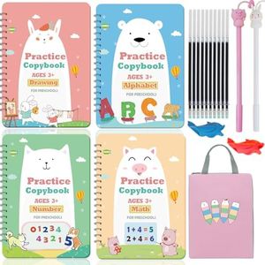 Learn-Journey Upgraded Large Size Magic Practice Copybook for Kids, Handwriting Practice Workbook, Reusable Writing Practice Book for Preschools(4 Books with Pens)-Pink Bag