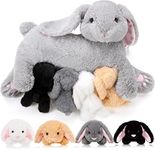 HyDren Nursing Bunny Stuffed Animal Plush Toys 15 Inch Plush Bunny Mommy with 4 Stuffed Magnetic Baby Rabbit Plushies for Kids Birthday Graduation Children's Day Gifts Baby Shower Easter Party Favors