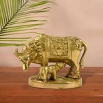 Pick End Now Kamdhenu Cow with Calf Sculpture Brass Statue, Nandi Cow Sculpture | Product Dimensions - 5.2x2.3x4 Inch, 900gm