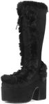 VIMISAOI Womens Mid Calf Boots, Lace Up Zip Block Chunky High Heel Punk Goth Warm Fur Winter Snow Platform Boots