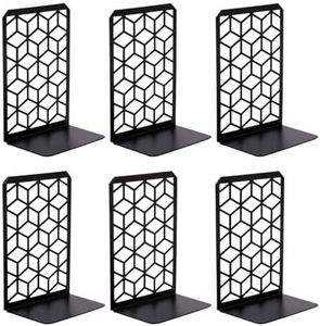 Geomod 3D Cube Black Metal Bookends Decorative for Heavy Books - Sturdy Boho Book Stops - Minimal Book Shelf Stopper - Durable Office Bookends - Weighted Metal Book Holders - 7x4.75 Inches - 3 Pair