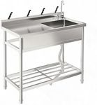 Stainless Steel Utility Sink with Faucet & Workbench, Commercial Freestanding Single Bowl Sink with Hot & Cold Water Pipes, Storage Shelf for Restaurant, Kitchen, Garage, Laundry, Outdoor (39in)