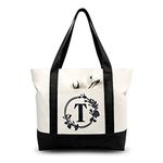 TOPDesign Embroidery Initial Canvas Tote Bag, Personalized Present Bag, Suitable for Wedding, Birthday, Beach, Holiday, is a Great Gift for Women, Mom, Teachers, Friends, Bridesmaids (Letter T)