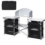 TANGZON Folding Camping Kitchen Table, Outdoor Portable Kitchen Storage Table with Windshield & Carry Bag, Mesh-Door Storage Cupboard for Picnic BBQ Party, 172 x 48 x 110cm (Black + Silver)