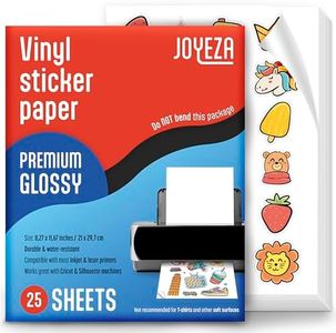 JOYEZA Premium Printable Vinyl Sticker Paper for Inkjet Printer - 25 Sheets Glossy White Waterproof, Dries Quickly Vivid Colors, Holds Ink well - Inkjet & Laser Printer