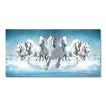 7 White Running Horses Wall Art Modern Blue Canvas Print Picture Artwork Animal Painting for Living Room Decor Bedroom Office