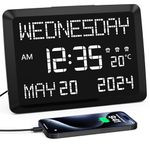 11.5” Digital Wall Clock for Living Room,Impaired Vision Large Calendar Day Alarm Clock with 3 Alarms,Date,Temperature,5 Dimmer,2 USB Chargers,Battery Backup for Bedroom,Dementia,Elderly,Memory Loss