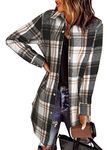 EVALESS Womens Color Block Plaid Shirt Jacket Trendy 2024 V Neck Long Sleeve Button Down Blouses Shacket Jacket Flannel Shirts Tops with Pockets, Brown Medium