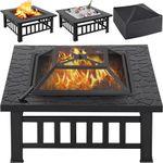 Yaheetech Outdoor Fire Pit 81cm Square Fire pits 3-in-1 Heat-resistant Metal Garden Stove for Barbecue, Heating, Cooling Drinks with Cover & Poker, Black