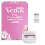 Gillette Venus Pro ComfortGlide Pomegranate Scented Tropical Women’s Blades with Olay Moisturiser, 3 Refill Blades Cartridges, Reusable Metal Handle and Shower Holder