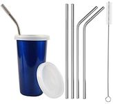 PARABRAHMA Stainless Steel Sipper/Sippy Cup with Straw Glass with Gum Protection for Kids 4 Straw and 1 Cleaning Brush (370 ml, 1-4 Years) (Blue)