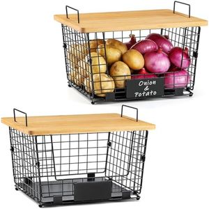 2 Set Kitchen Counter Basket with Bamboo Top - Pantry Cabinet Organization and Storage Wire Basket - Countertop Organizer for Produce, Fruit, Vegetable ( Onion, Potato ), Bread, K-Cup Coffee Pods