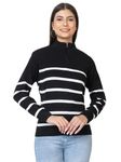 Kvetoo Zipper High Neck Woolen Sweater for Women Black White Size M