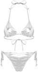 TiaoBug Women's Metallic Shiny Halter Padded Triangle Self Tie Bikini Bathing Suits 2 Piece Bikini Swimsuits Silver Large