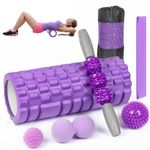 QGF 7 in 1 Foam Roller Set Roller Massage for Muscles Exercise Trainer with Yoga Stick, 3 Massage Balls,Resistance Band, Carrying Bag (Purple)