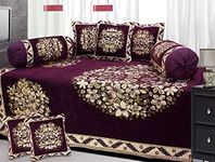 FRESH FROM LOOM Velvet Floral 500 TC Diwan Set Purple - 1 Single Bedsheet with 2 Bolster Covers and 5 Cushion Covers (8pc Set)