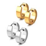 Men Jewelry Set Huggie Hinged Hoop Dangle Earrings, Stainless Steel, Hypoallergenic, Urban Hoop Earrings (#M01. 2 Pairs: Steel + Gold)