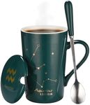 Bruntmor Ceramic Zodiac Mug Set - Constellation Mug, Horoscope Coffee or Tea Cup with Lid - Comes in a Box & Spoon - Unique Birthday Astrology Gifts for Men and Women - Aquarius